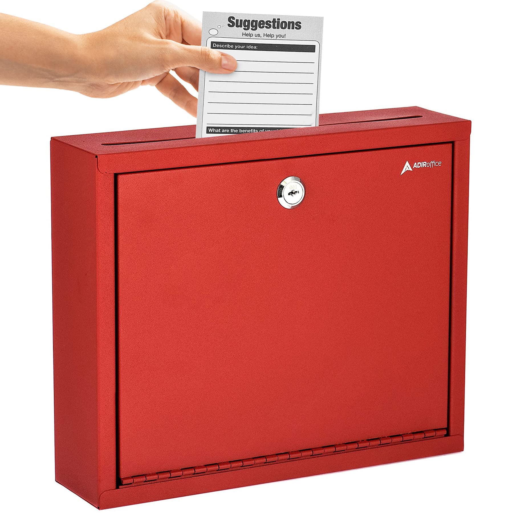 Adir Metal Suggestion Box with Lock and Slot, Wall Mount Deposit Box for Payments and Checks, Office Mail Box for Employees, Mailbox for House, Safe Drop Box with Keys - 3x10x12 Inch Red