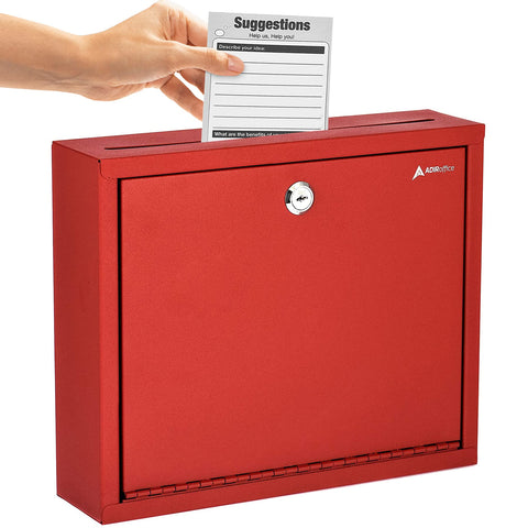 Adir Metal Suggestion Box with Lock and Slot, Wall Mount Deposit Box for Payments and Checks, Office Mail Box for Employees, Mailbox for House, Safe Drop Box with Keys - 3x10x12 Inch Red