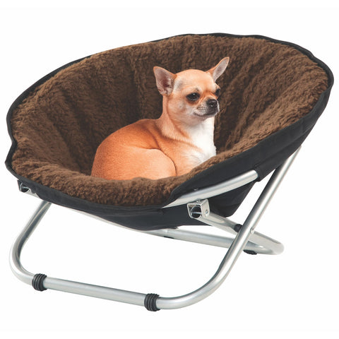 Etna Folding Pet Cozy Chair - Portable Round Fold Out Elevated Cat Bed - Brown Fleece Top Cushion - Papasan Chair for Small Dogs