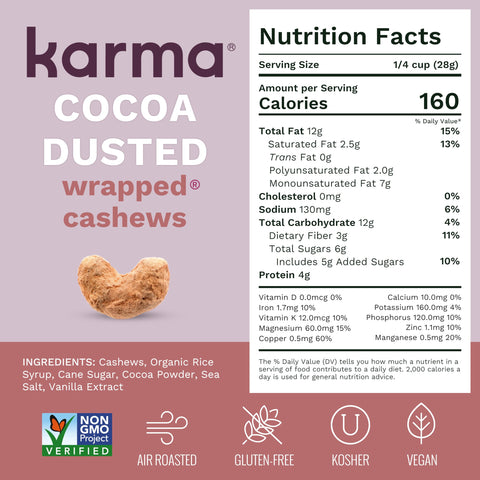 Cocoa Dusted Wrapped Whole Cashews by Karma Nuts, Lightly Sweetened, Air Roasted with Natural Skins, 2X more Fiber, Peanut-Free Facility, Kosher, Everyday Nut Snack, 7oz Resealable Bag