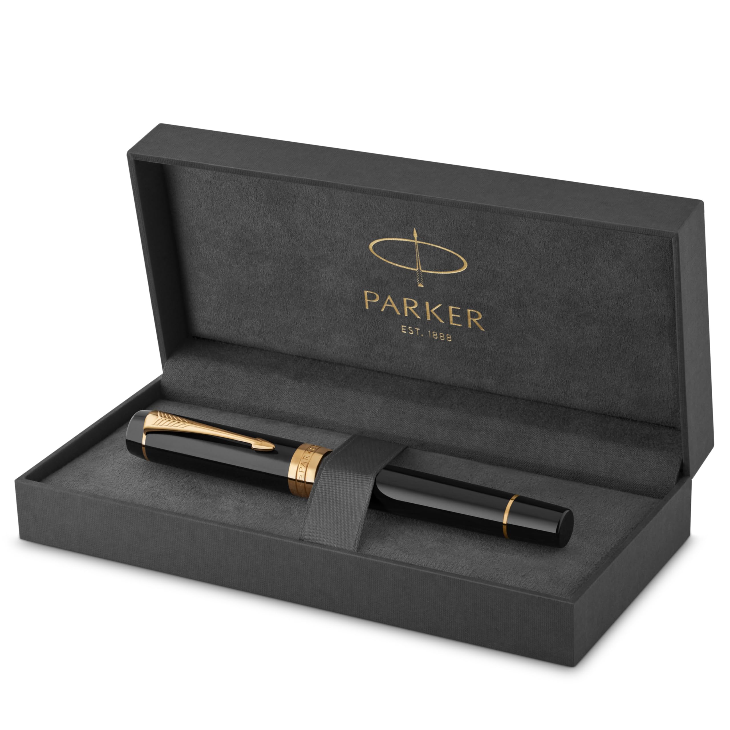 PARKER Duofold Centennial Fountain Pen, Classic Black with Gold Trim, Fine Solid Gold Nib, Black Ink and Convertor (1931381)