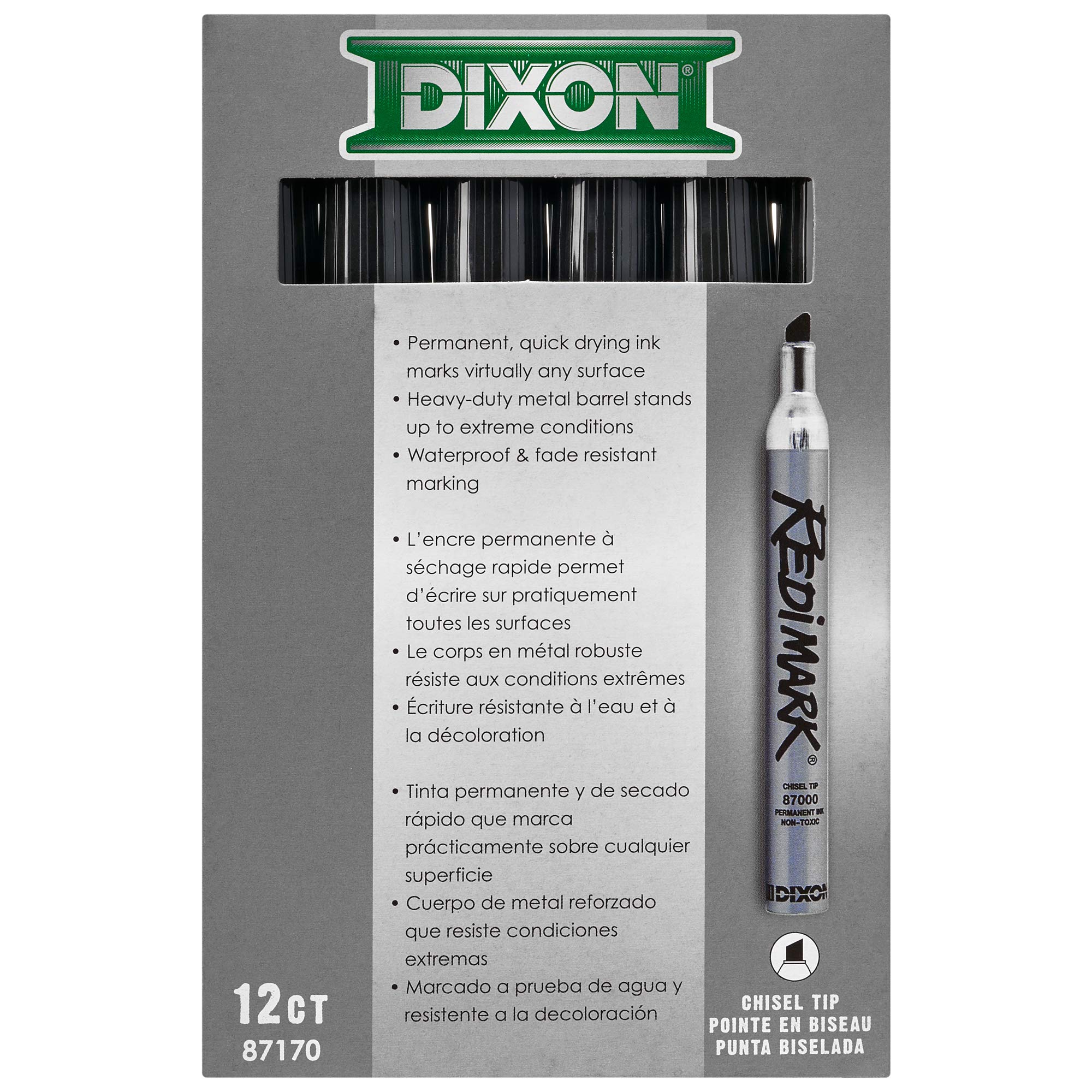 Dixon Industrial RediMark Permanent Markers, Chisel Point, Metal Barrel, Box of 12 Markers, Black (87170)