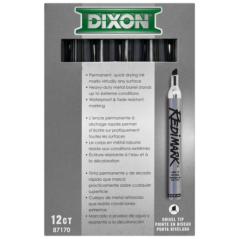Dixon Industrial RediMark Permanent Markers, Chisel Point, Metal Barrel, Box of 12 Markers, Black (87170)