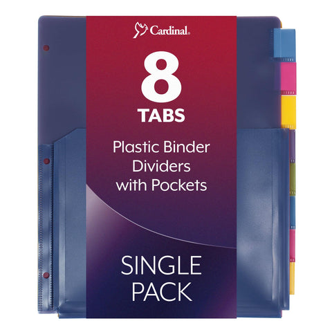 Cardinal Expanding Poly Pocket Dividers - 8 Tab Dividers w/Pockets for 3 Ring Binder - Multi Colors for Filing & Organizing Documents - Perfect for Home, Office, & School Use - 8 Dividers (Pack of 1)