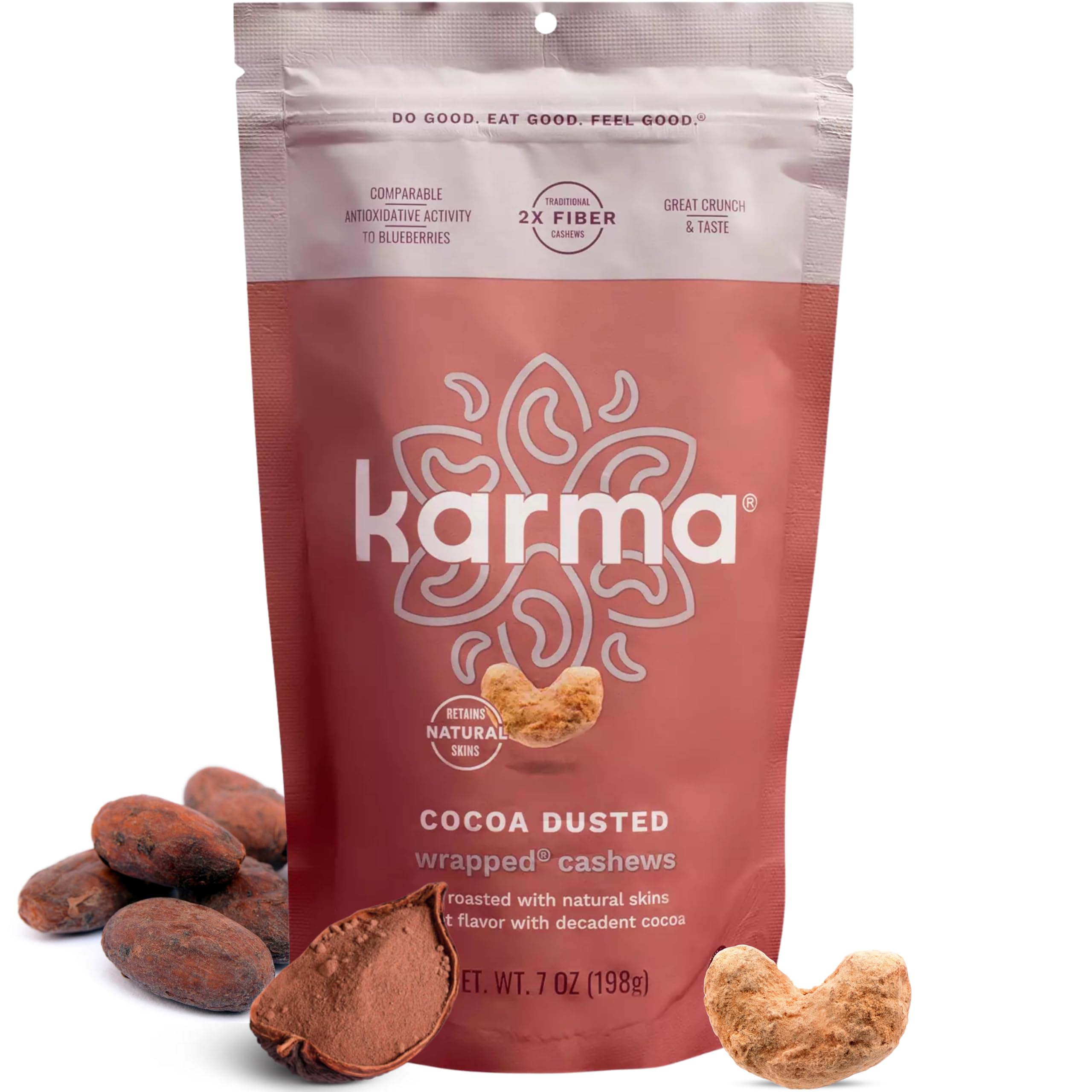 Cocoa Dusted Wrapped Whole Cashews by Karma Nuts, Lightly Sweetened, Air Roasted with Natural Skins, 2X more Fiber, Peanut-Free Facility, Kosher, Everyday Nut Snack, 7oz Resealable Bag