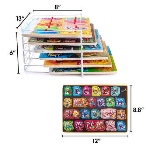 Baby Peg Puzzle 3-in-1 Set - 3 Different Themed Educational Knob Puzzles for Boy & Girl Toddlers Plus: Storage Rack (6 Board Puzzles)