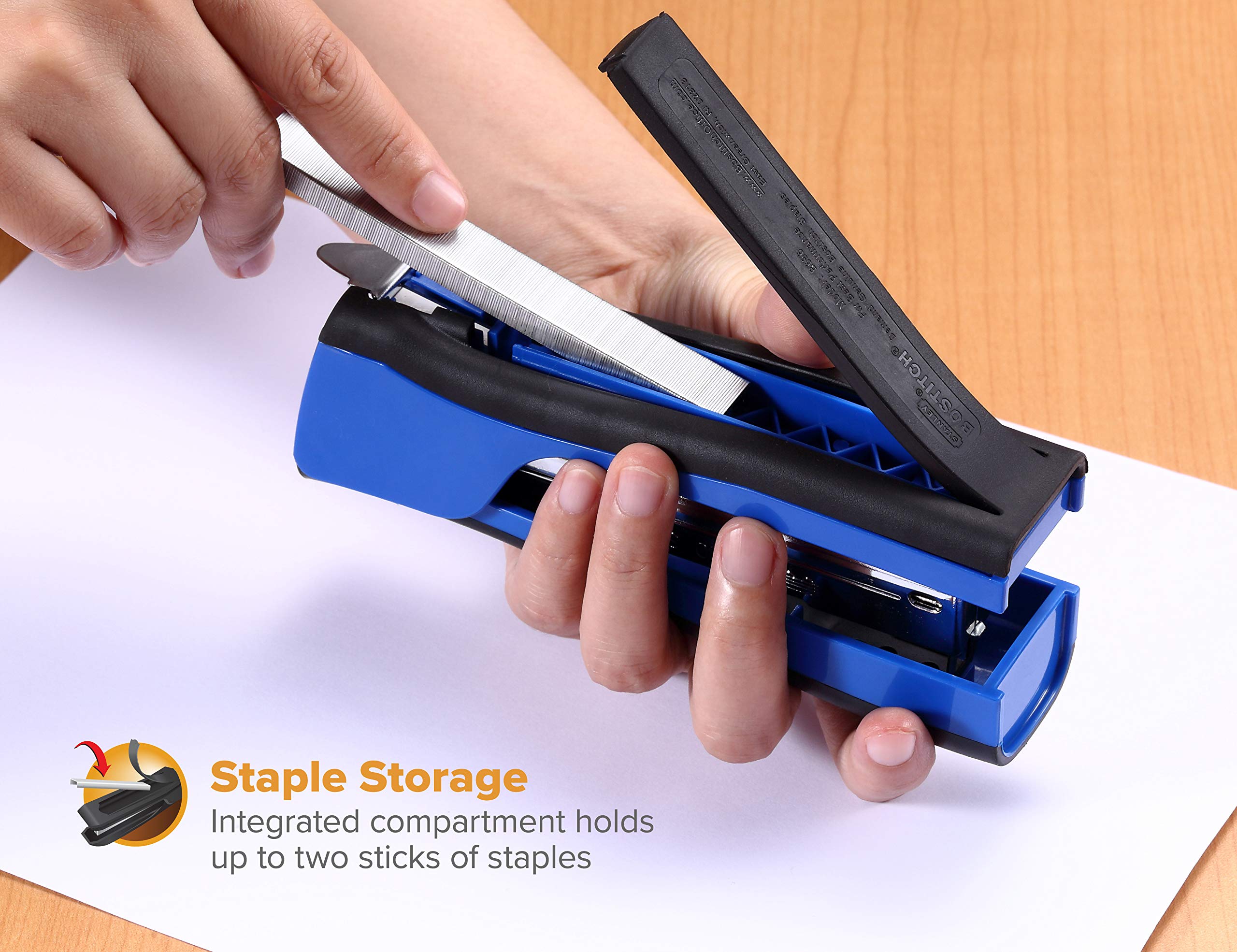 Bostitch Office Dynamo 4 in 1 Standup Stapler, Includes 420 Staples, 20 Sheet Capacity, Integrated Pencil Sharpener, Staple Remover & Staple Storage, Blue