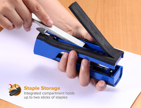 Bostitch Office Dynamo 4 in 1 Standup Stapler, Includes 420 Staples, 20 Sheet Capacity, Integrated Pencil Sharpener, Staple Remover & Staple Storage, Blue