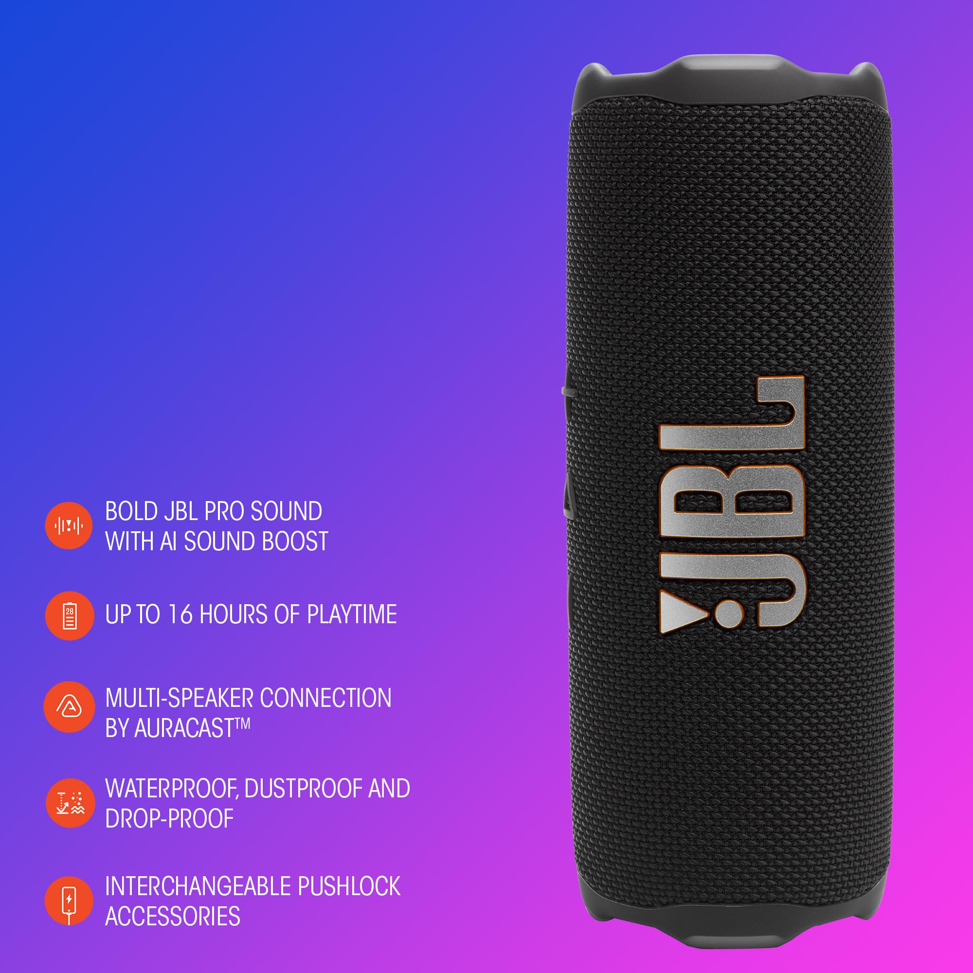 JBL Flip 7 - Portable Waterproof and Drop-Proof Speaker with AI Sound Boost, 16Hrs of Playtime, and PushLock System with Interchangeable Accessories (Red)
