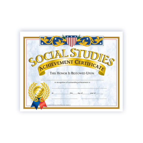 Hayes Social Studies Achievement Certificates, Gold-Bordered Awards with Light Blue Marbled Design, Customizable Award for Students, Full-Color Glossy Design, 8.5" x 11" - 30 Pack