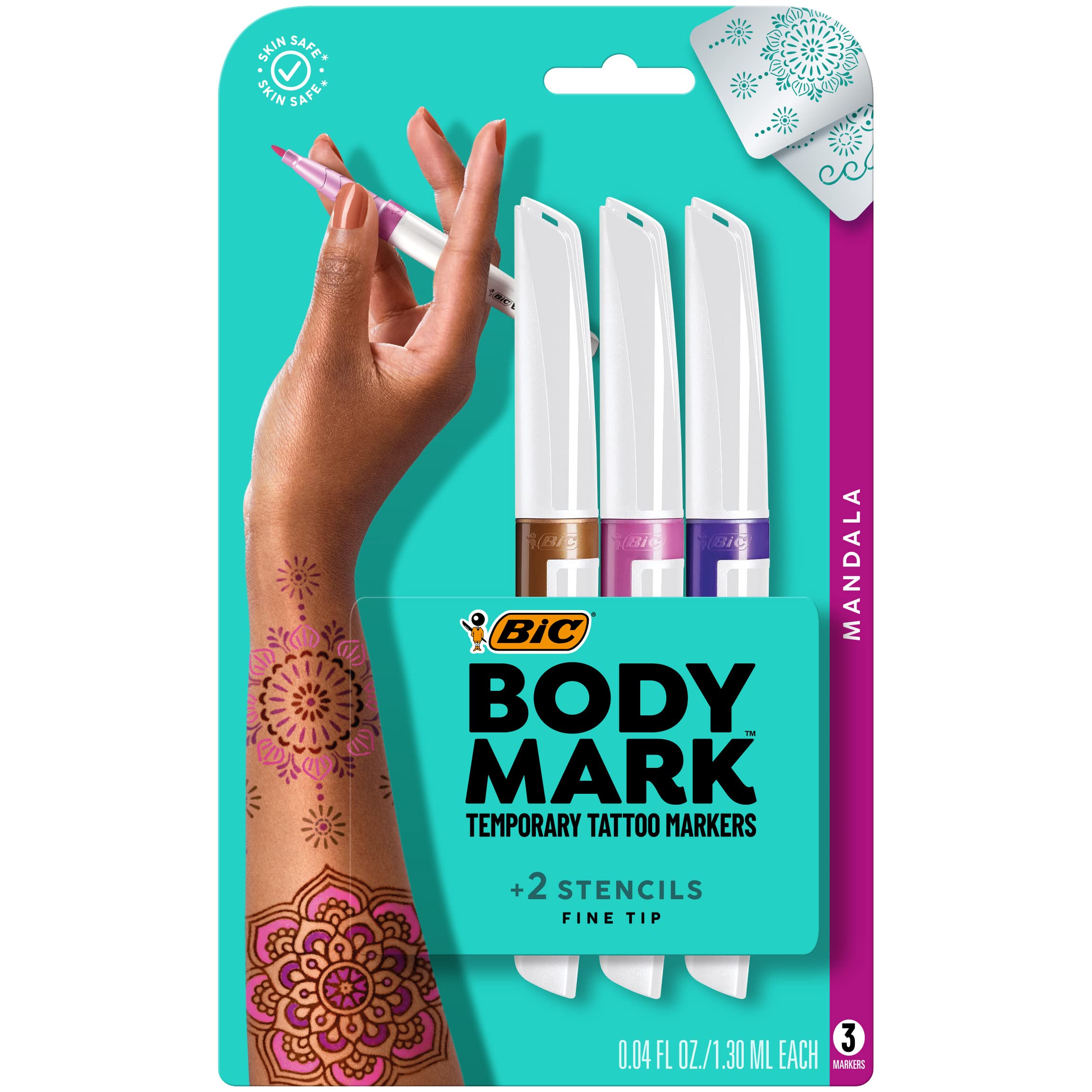 BIC BodyMark Temporary Tattoo Marker with Fine Tip, Mandala, Assorted Colors, Pack of 3 Markers + 3 Stencils - Amazon Vine