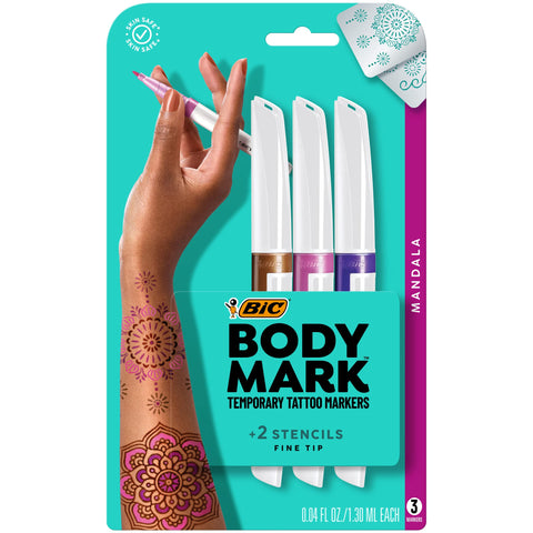 BIC BodyMark Temporary Tattoo Marker with Fine Tip, Mandala, Assorted Colors, Pack of 3 Markers + 3 Stencils - Amazon Vine