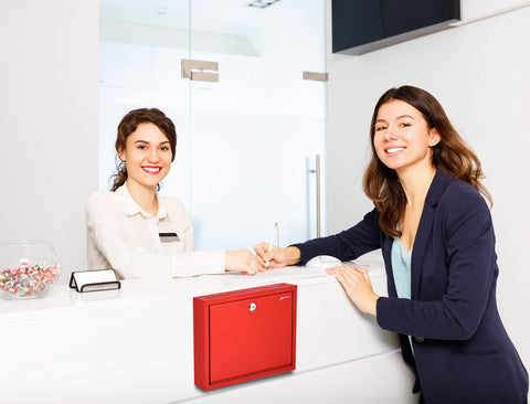 Adir Metal Suggestion Box with Lock and Slot, Wall Mount Deposit Box for Payments and Checks, Office Mail Box for Employees, Mailbox for House, Safe Drop Box with Keys - 3x10x12 Inch Red