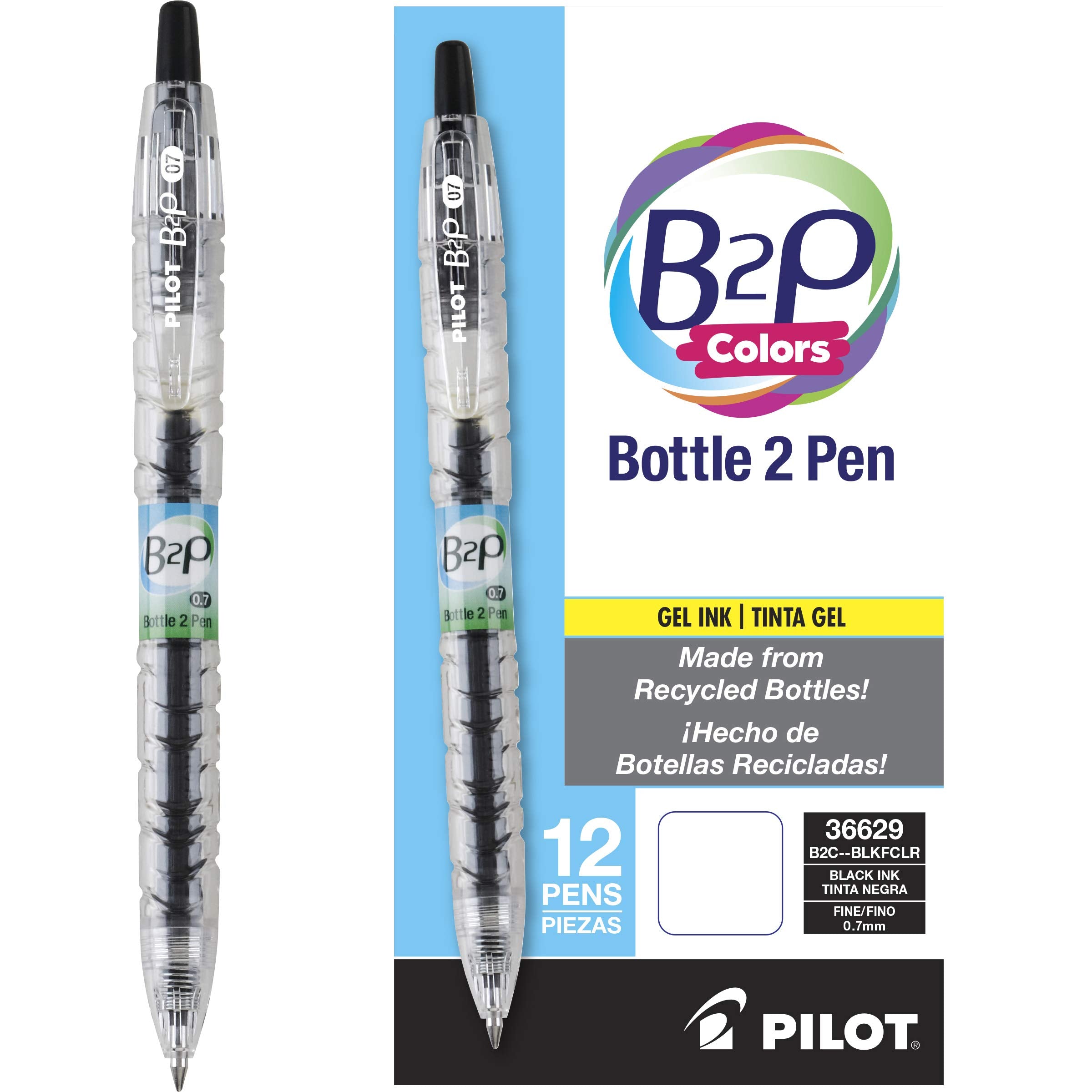 Pilot B2P Colors - Bottle to Pen Refillable & Retractable Rolling Ball Gel Pens Made From Recycled Bottles, Fine Point, Black G2 Inks, 0.7mm, 12-Pack