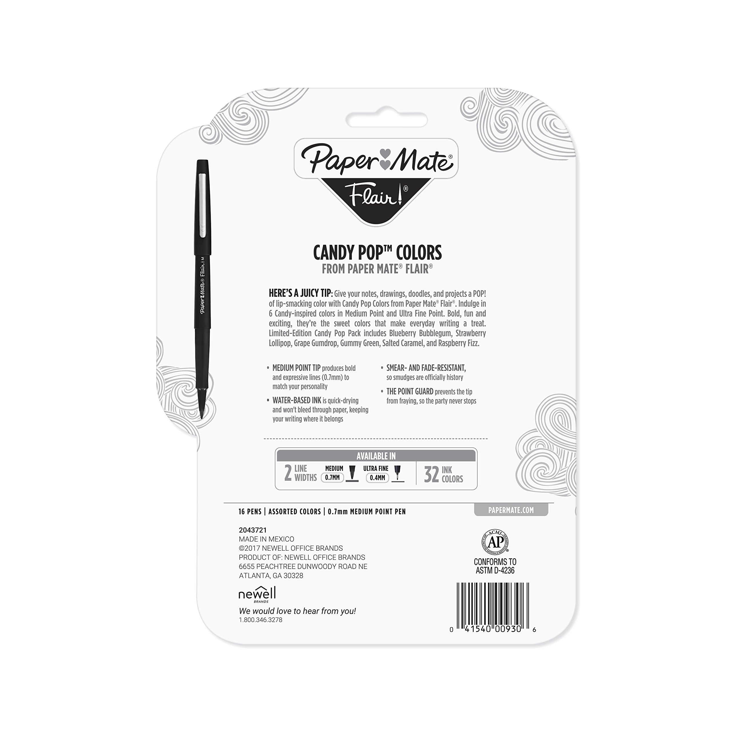 Paper Mate Flair Felt Tip Pens, Medium Point (0.7mm), Limited Edition Candy Pop Pack, 16 Count