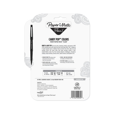 Paper Mate Flair Felt Tip Pens, Medium Point (0.7mm), Limited Edition Candy Pop Pack, 16 Count