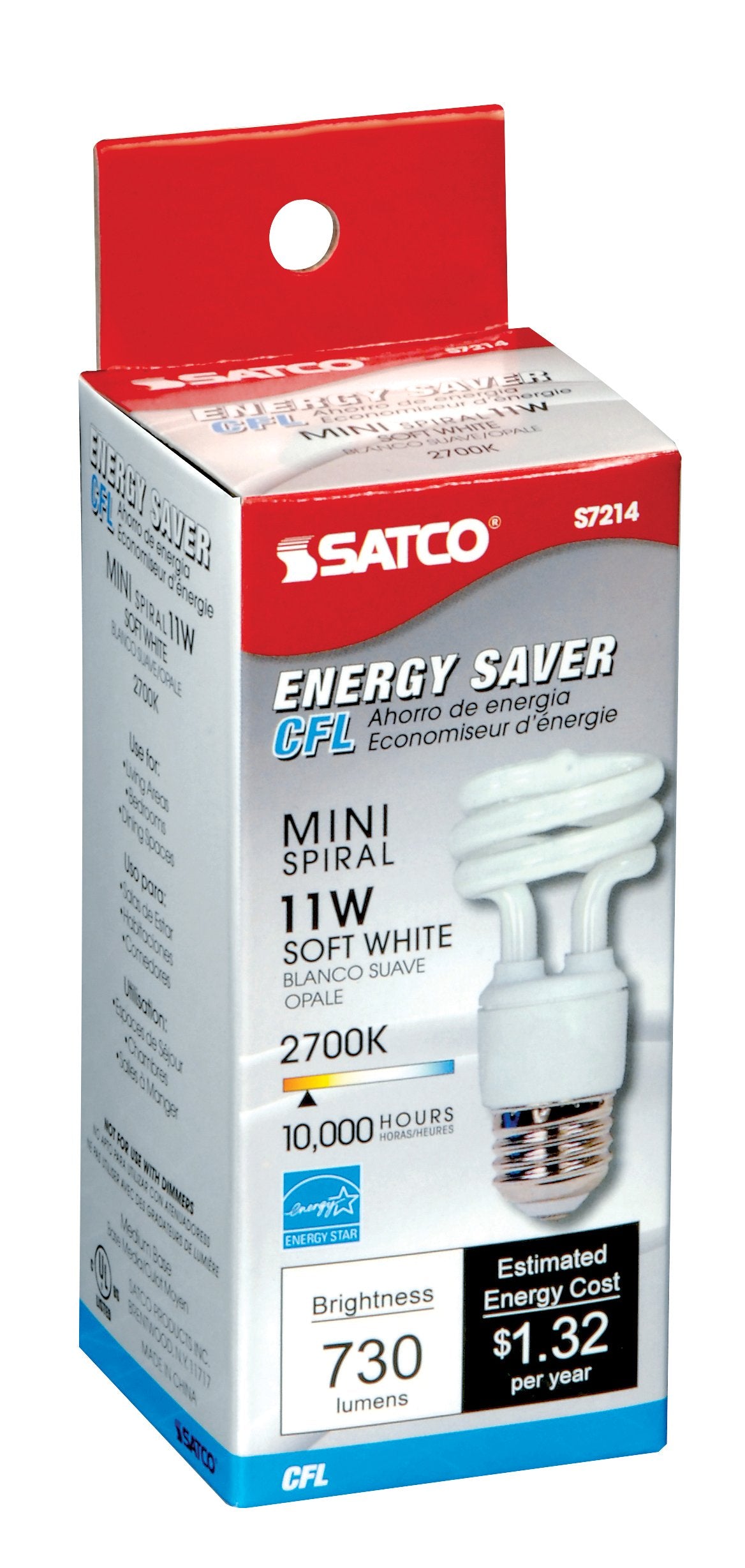 Satco S7214 11-Watt Medium Base T2 Mini Spiral, 2700K, 120V, Equivalent to 40-Watt Incandescent Lamp for Enclosed Fixtures