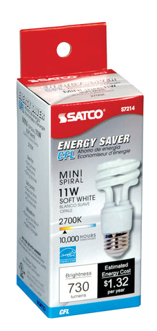 Satco S7214 11-Watt Medium Base T2 Mini Spiral, 2700K, 120V, Equivalent to 40-Watt Incandescent Lamp for Enclosed Fixtures