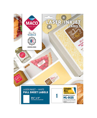 MACO Laser/Ink Jet White COVER-ALL Full Sheet Labels, 8-1/2" x 11", 1 per Sheet, 25 per Pack (ML-0125)