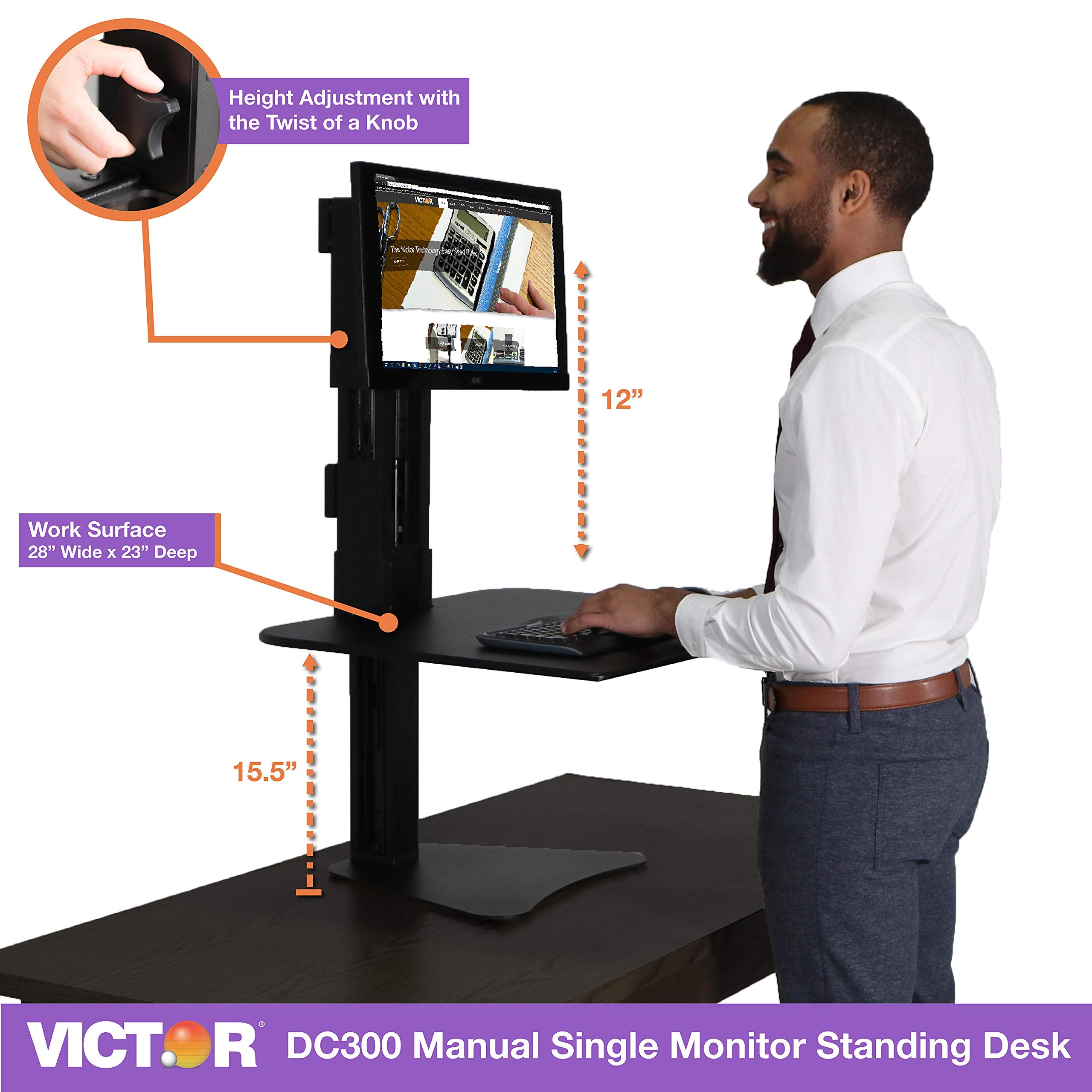 Victor High Rise Standing Desk Workstation, 28" X 23" X 10.5" to 15.5", Black