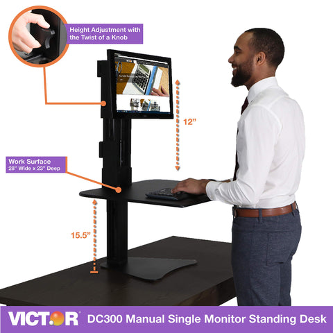 Victor High Rise Standing Desk Workstation, 28" X 23" X 10.5" to 15.5", Black