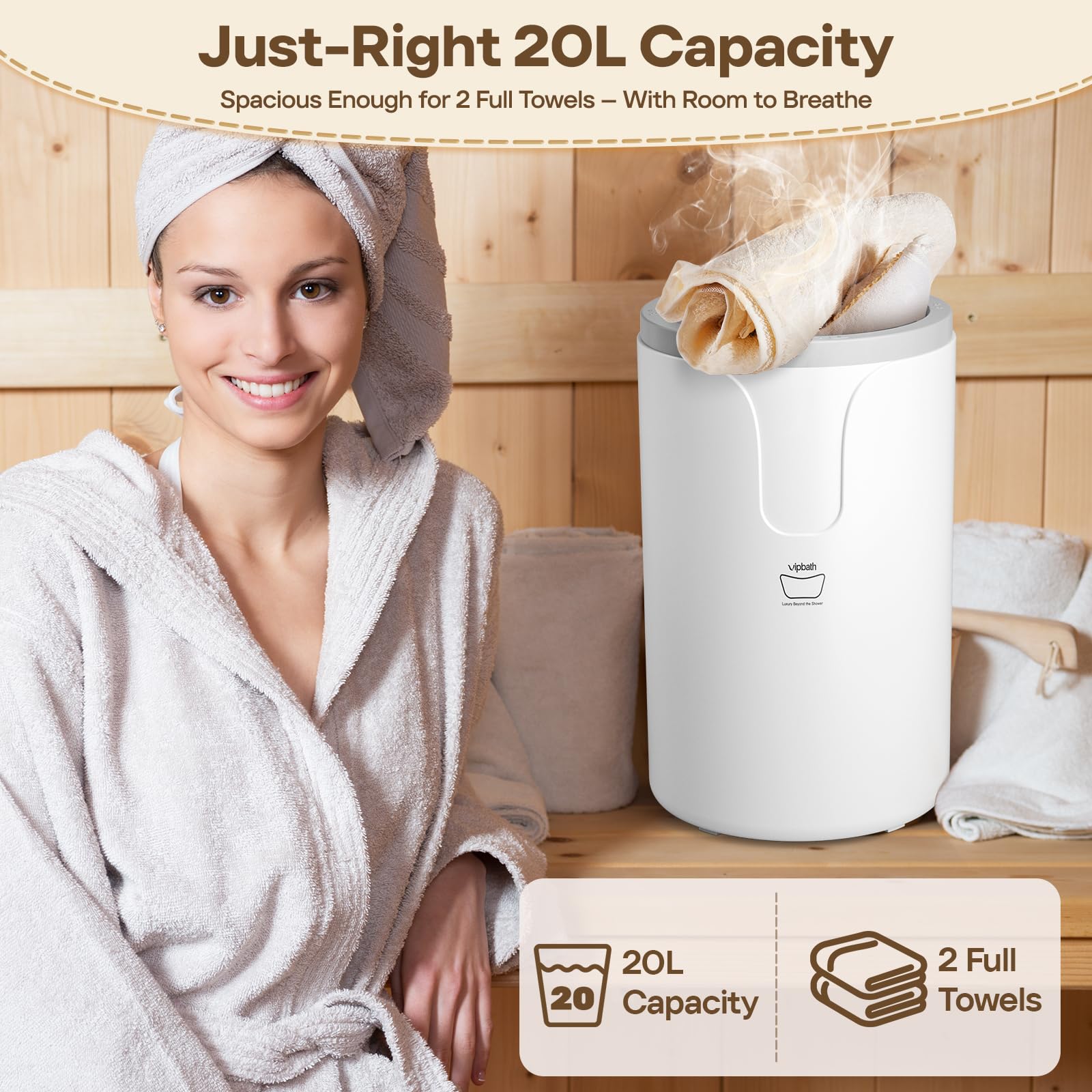 VIPBATH 20L Luxury Towel Warmer for Bathroom, Dual Heat, 30/60/90 Min Presets, Stainless Steel Interior, Tip-Over Auto Shut-Off, Includes 12 Fragrance Discs, Perfect Spa Gift for Home