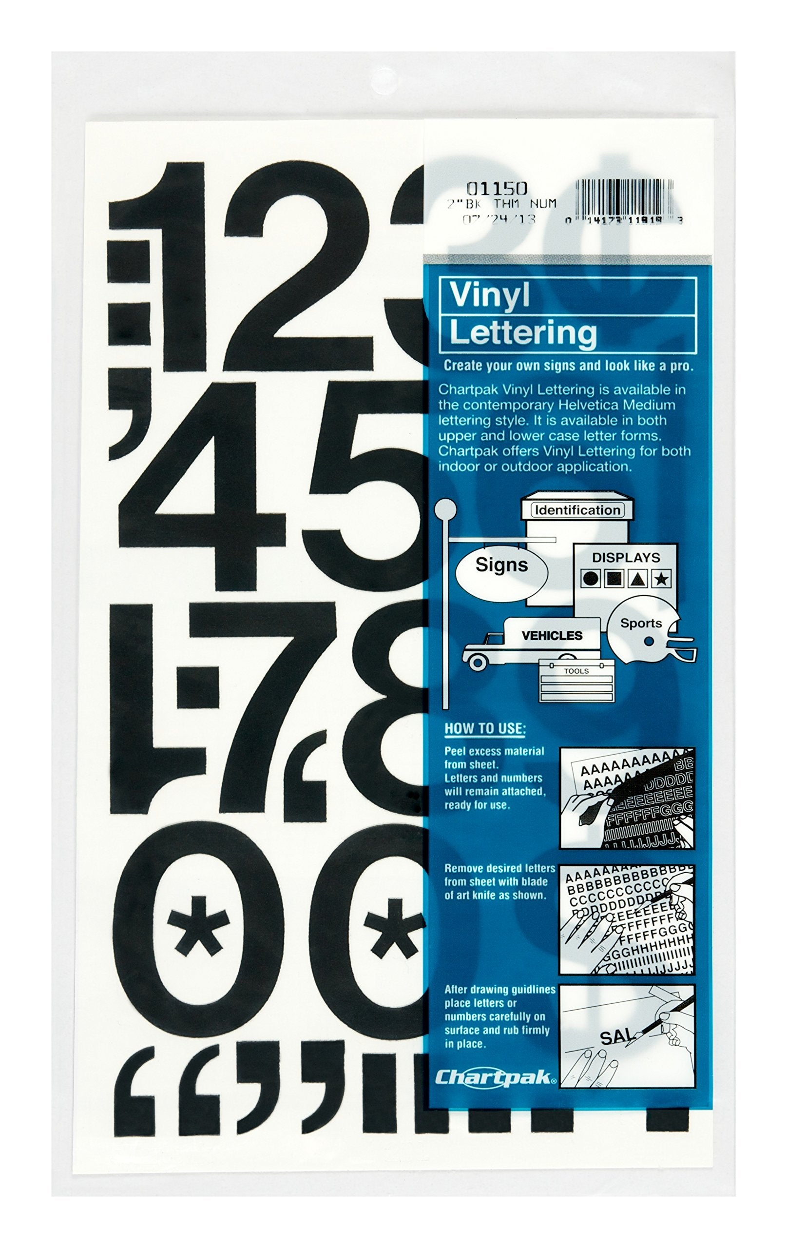 Chartpak Self-Adhesive Vinyl Numbers, 2 Inches High, Black, 12 per Pack (01150)