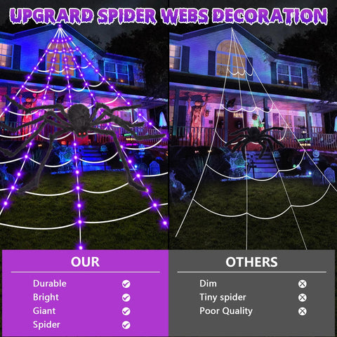 OCATO Halloween Decorations Spider Webs: Spider Web Lights 135 LED Purple Lights 59" Giant Spider Scary Halloween Decorations Outdoor Indoor for Party Garden Home Costumes Yard Haunted House