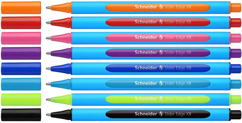 Schneider Slider Edge XB (Extra Broad) Ballpoint Pen, 1.4 mm, Light Blue Barrel, Assorted Ink Colors, Adjustable Case Stand of 8 Pens (152279)
