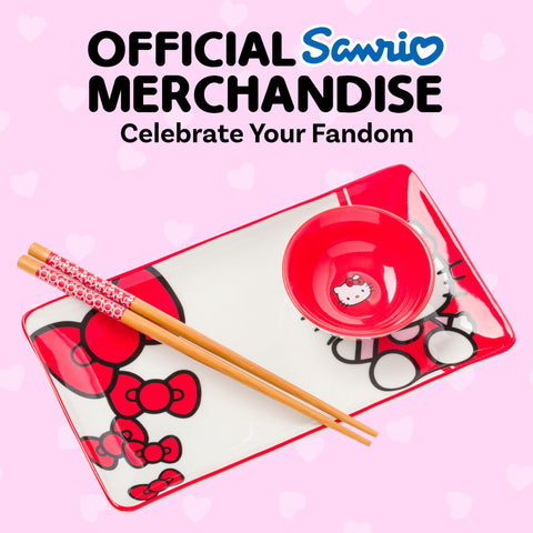 Silver Buffalo Sanrio Hello Kitty Red and White Bow Ceramic Sushi Set with Dipping Sauce Dish and Matching Chopsticks