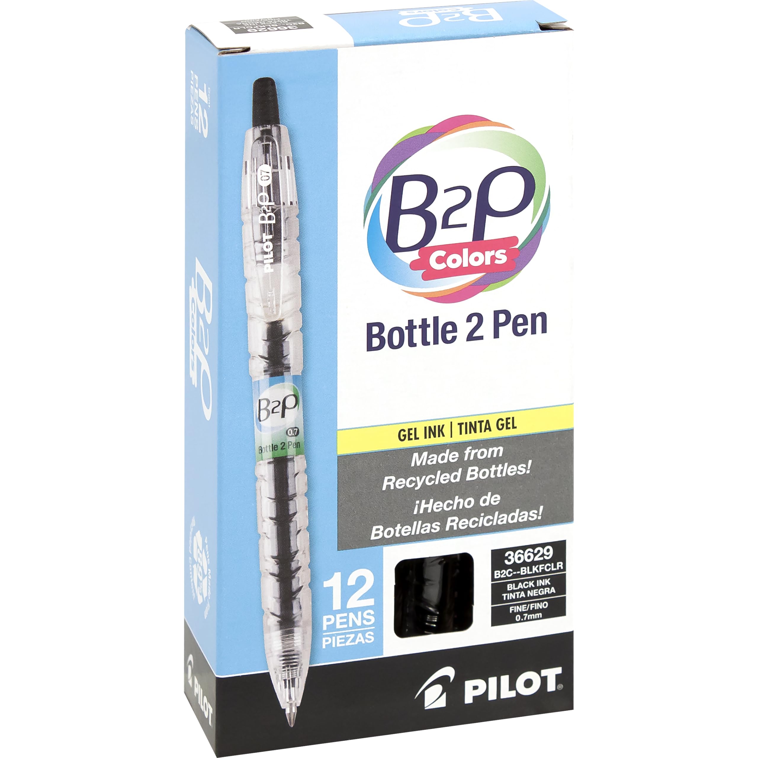 Pilot B2P Colors - Bottle to Pen Refillable & Retractable Rolling Ball Gel Pens Made From Recycled Bottles, Fine Point, Black G2 Inks, 0.7mm, 12-Pack