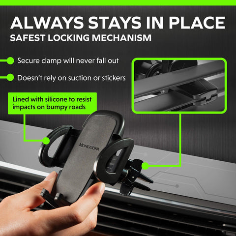 Mongoora Air Vent Car Phone Mount Holder - Locking Cell Phone Car Mount Universal for Any Smartphone, iPhone, Android - Clip On Car Phone Holder for Dashboard - Stocking Stuffers