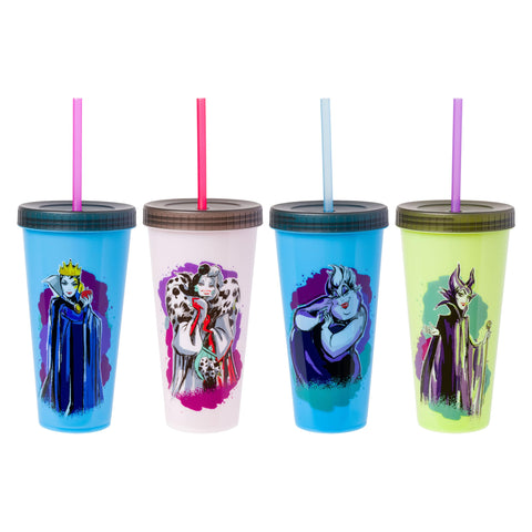 Silver Buffalo Disney Villains 4 pack Color Change Plastic Tumbler Featuring The Evil Queen, Cruella De Vil, Ursula, and Maleficent, 24 Ounces