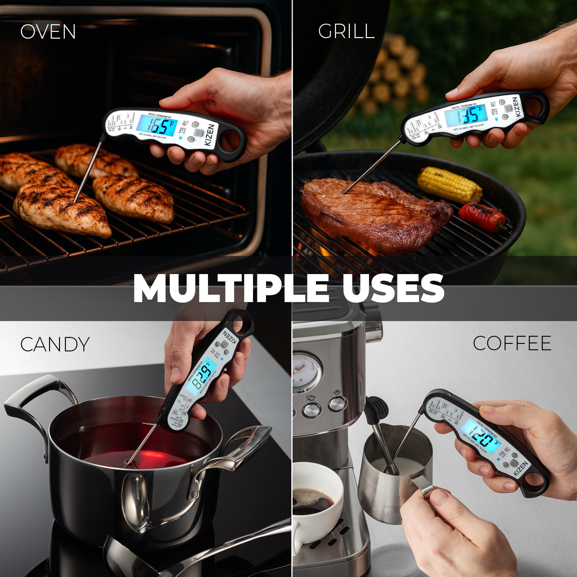 KIZEN Instant Read Meat Thermometer Digital - Food Thermometer for Cooking, Grill, Oven, BBQ - IP67 Rated Waterproof - Large Backlit Display and Magnetic Back