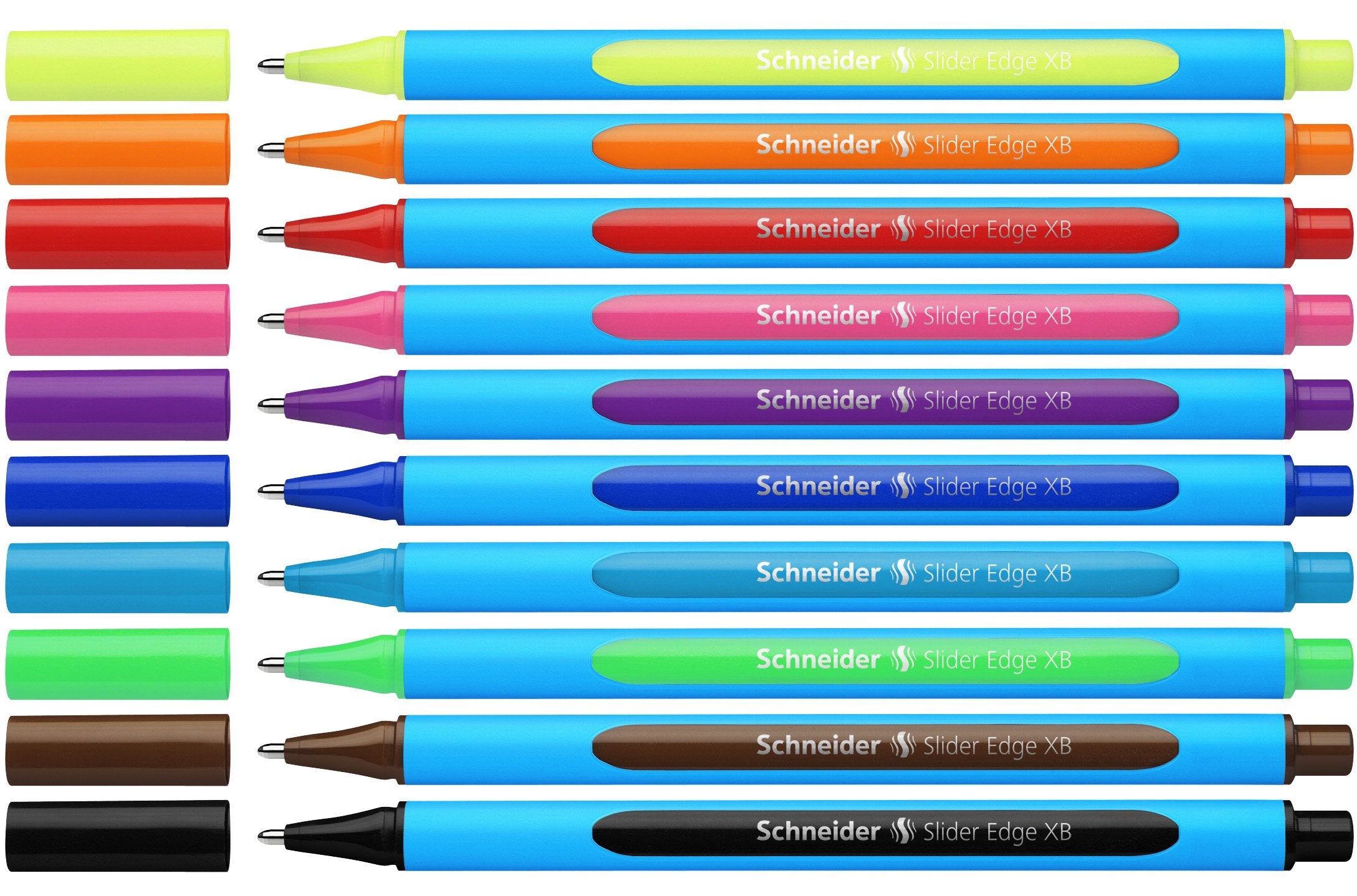 Schneider Slider Edge XB (Extra Broad) Ballpoint Pen, 1.4 mm, Light Blue Barrel, Assorted Ink Colors, Pack of 10 Pens (152290)