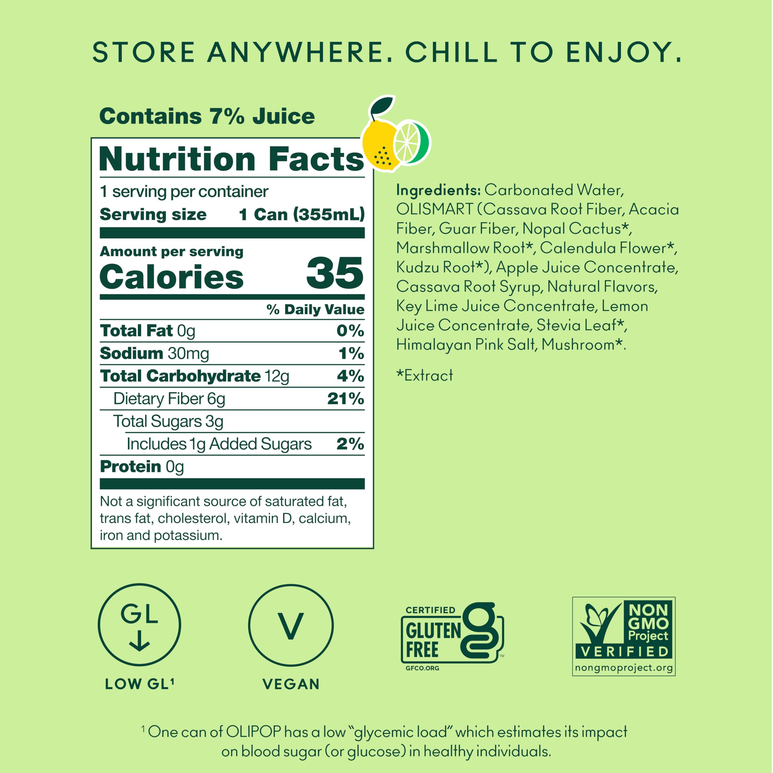 OLIPOP Prebiotic Soda Pop, Lemon Lime, Pantry Pack Packed with Prebiotics, Fiber, and Botanicals, Gluten Free, GMO Free, 12oz (12-Cans)