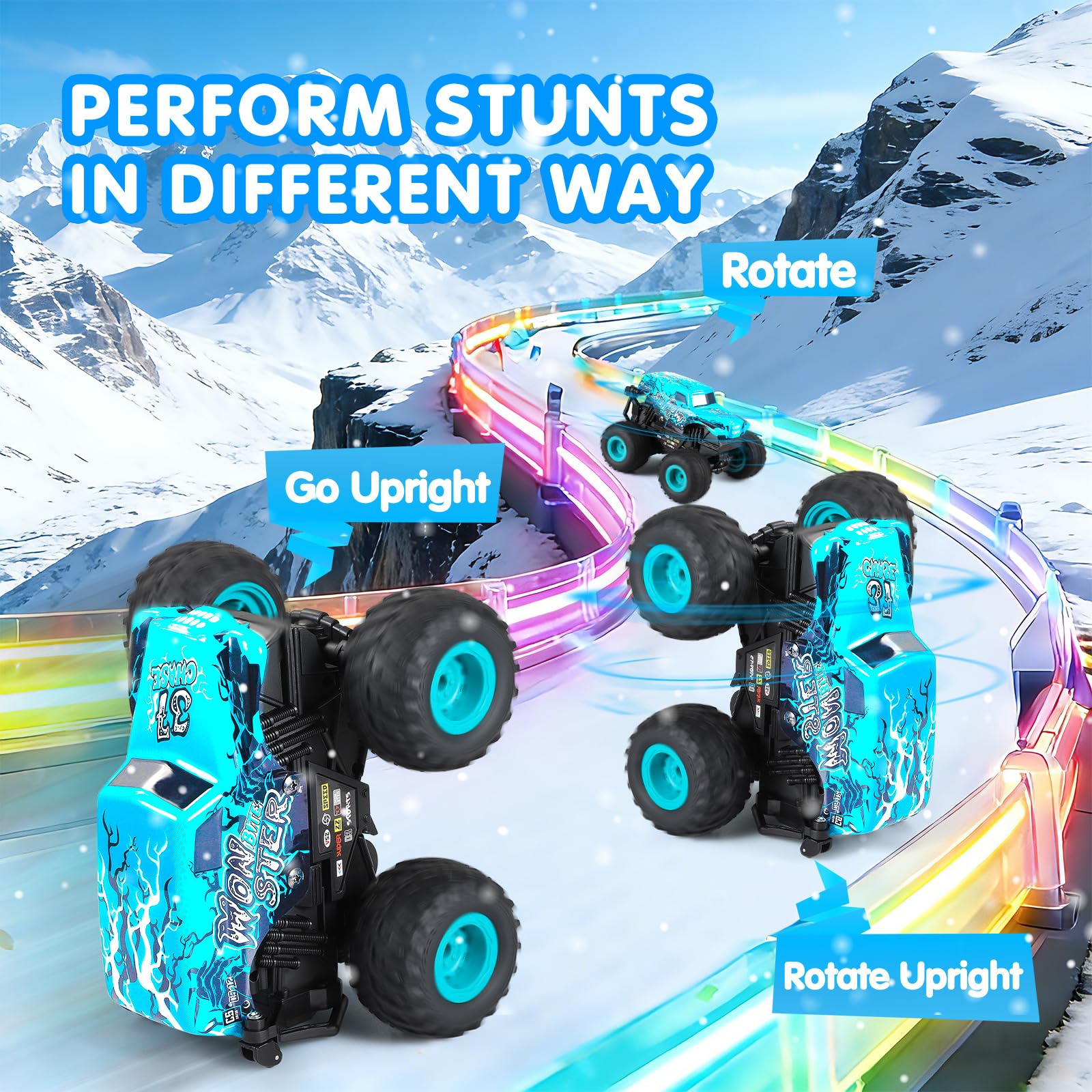 DYODYORC Remote Control Car, 2.4Ghz All Terrain Shark Monster Truck Toys, RC Truck with Music, 3 Lighting Effects, 360 Stunt Capable, 2 Batteries Ready to Run, Toy Gifts for Boys and Girls (Blue)