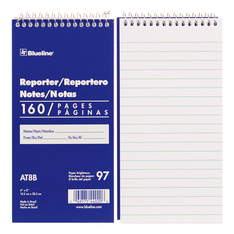 Blueline Reporter Notebook / Note Pad, 4 x 8 inches, 160 Pages / 80 Sheets (AT8B)