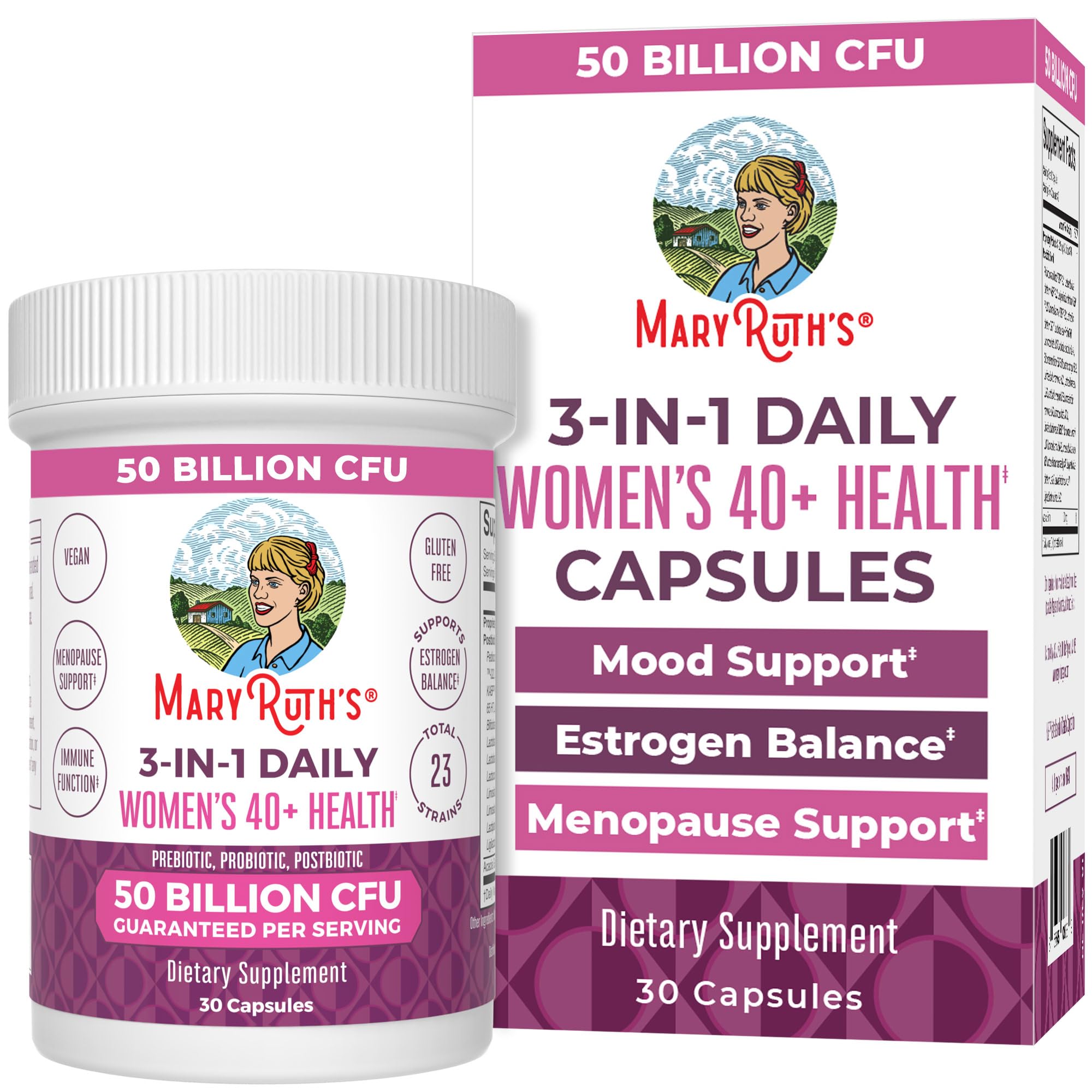MaryRuth's 3-in-1 Daily Health 40+ Probiotics for Women | Hormonal & Menopause Support Supplement for Women | Gut Health Capsules | 50 Billion CFU | Allergen Free | 30 Ct