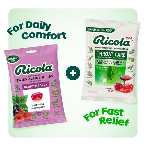 Ricola MAX Throat Care Swiss Cherry Drops with Extra Menthol Liquid Center - Maximum Cough and Sore Throat Relief for Cold & Flu Symptoms - 34 Count - Herbal Lozenges