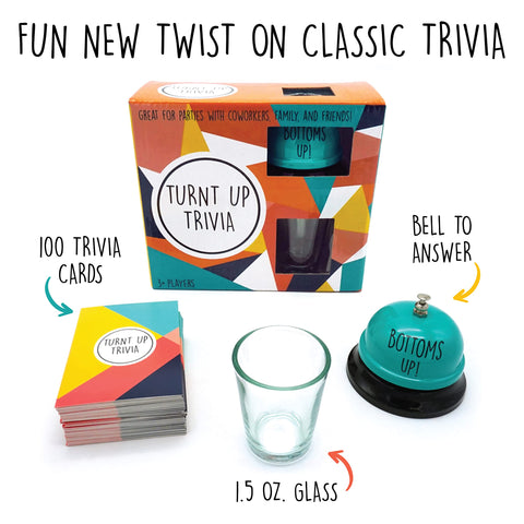 TMD Retail Turnt Up Trivia Card Game for Adults - Call Bell Game for Family and Friends - Bachelor and Birthday Party Trivia With 1.5 Oz Shot Glass (44 Ml)