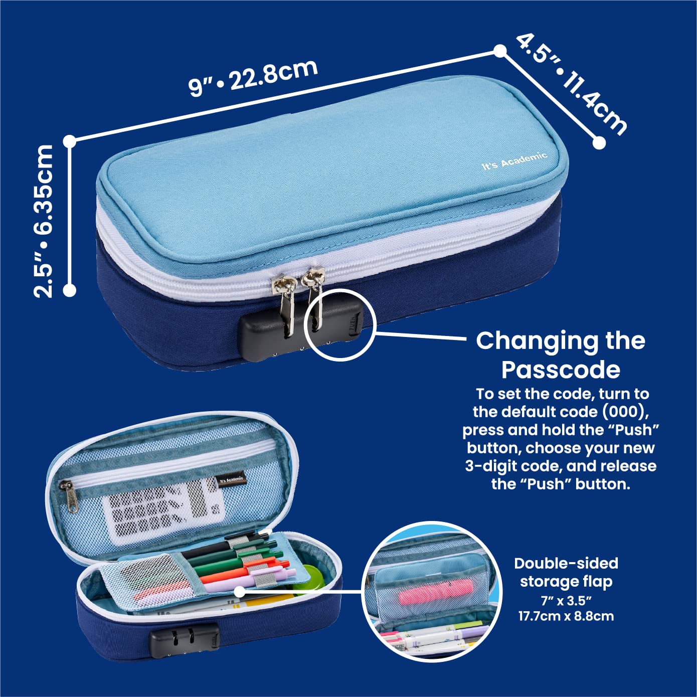 It's Academic Locking Pencil Case, for Office & School Supplies, Travel Organizer Bag, Compact, High Capacity, Light Weight, Blue (24371-BL)