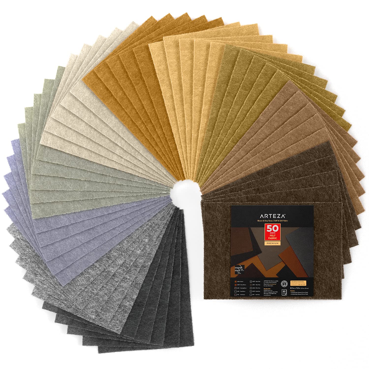 Arteza Craft Felt Sheets, Set of 50, 8.3 x 11.8 inches, 10 Brown and Gray Tones, 20 Soft and 30 Stiff Non Woven Felt Fabric Squares, 1.5mm and 1.3mm Thick, Sewing Fabric for DIY Projects