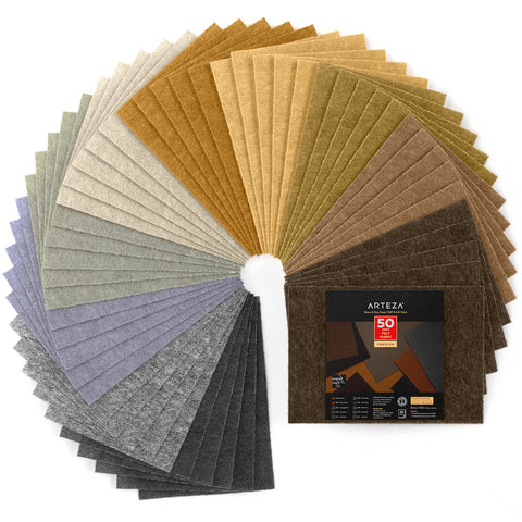 Arteza Craft Felt Sheets, Set of 50, 8.3 x 11.8 inches, 10 Brown and Gray Tones, 20 Soft and 30 Stiff Non Woven Felt Fabric Squares, 1.5mm and 1.3mm Thick, Sewing Fabric for DIY Projects