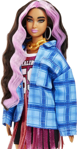 Barbie Extra Doll and Accessories with Pink-Streaked Crimped Hair in Jersey Dress with Pet Corgi