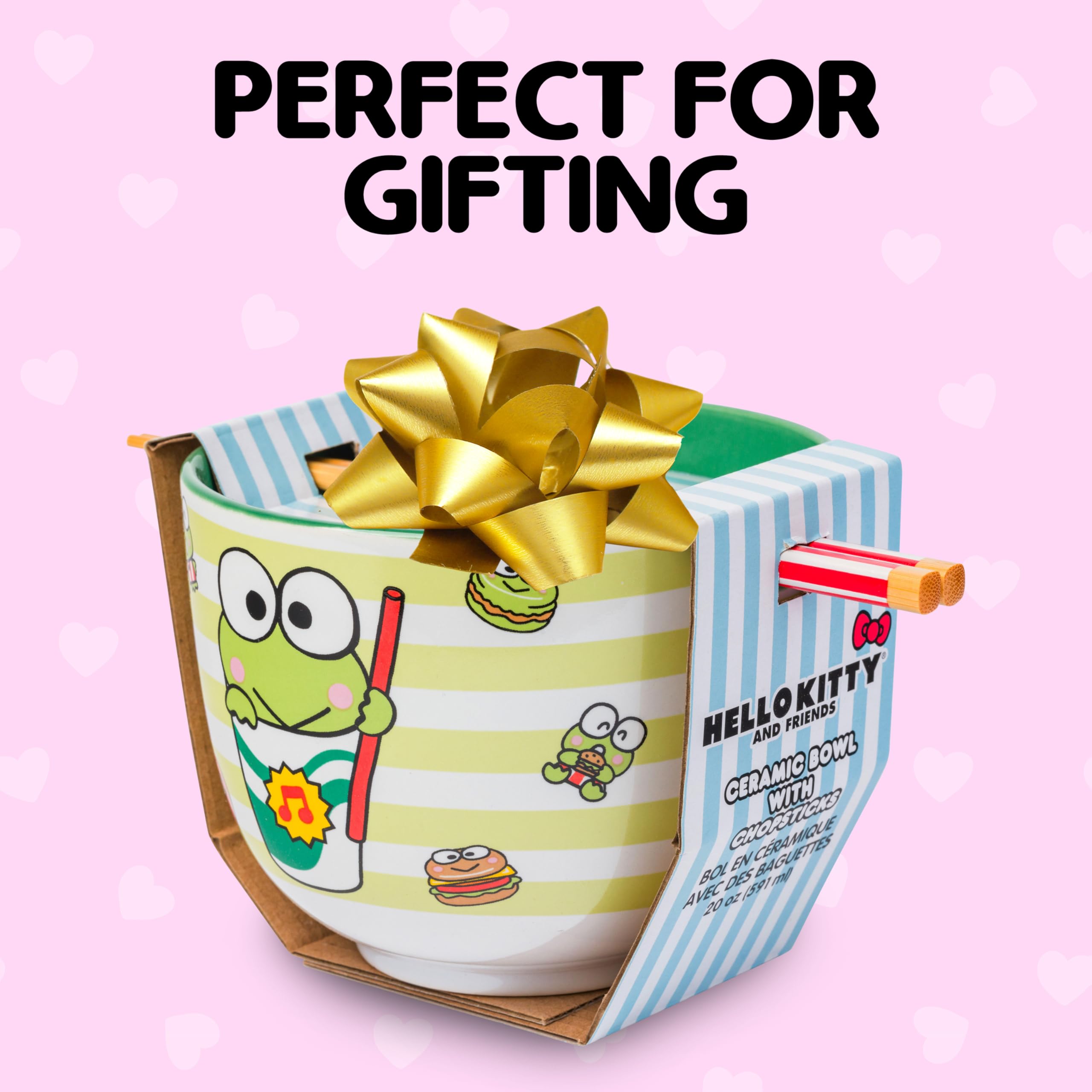 Silver Buffalo Sanrio Hello Kitty and Friends Keroppi Foodie Icons Ceramic Ramen Noodle Rice Bowl with Chopsticks, Microwave Safe, 20 Ounces