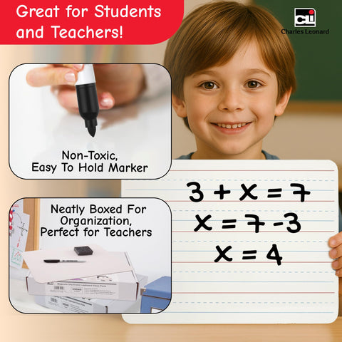 Charles Leonard Dry Erase Board Classroom Pack - Mini Lapboard School Supplies - Includes 12 Each One-Sided Lined Erasable White Boards, 2 Inch Felt Erasers and Black Dry Erase Markers (35025)