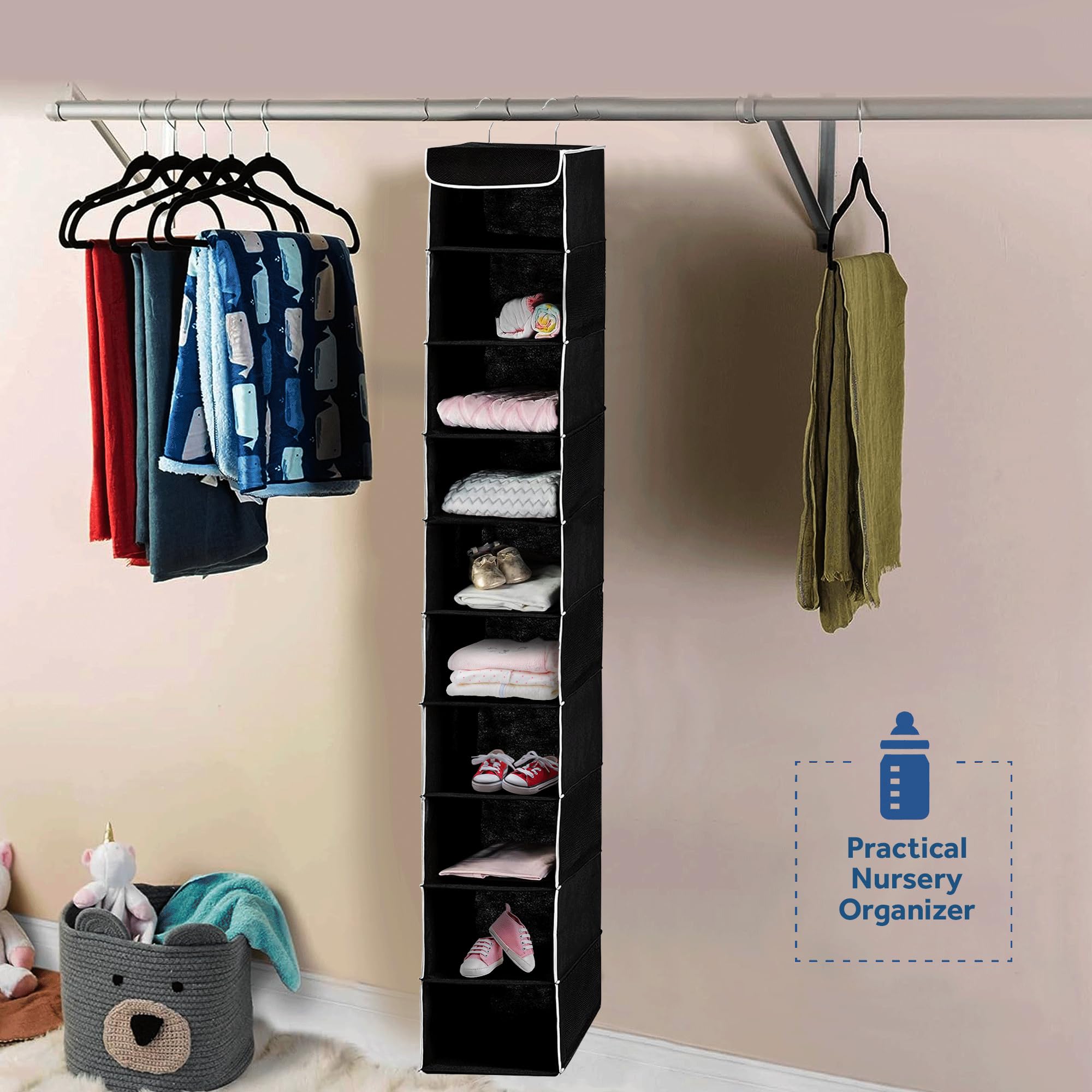 ZOBER Hanging Closet Organizer, 10-Shelf - Hanging Storage Organizer Shelves for Clothes, Towels, Toys - College Dorm Room, Nursery, & Home Closet