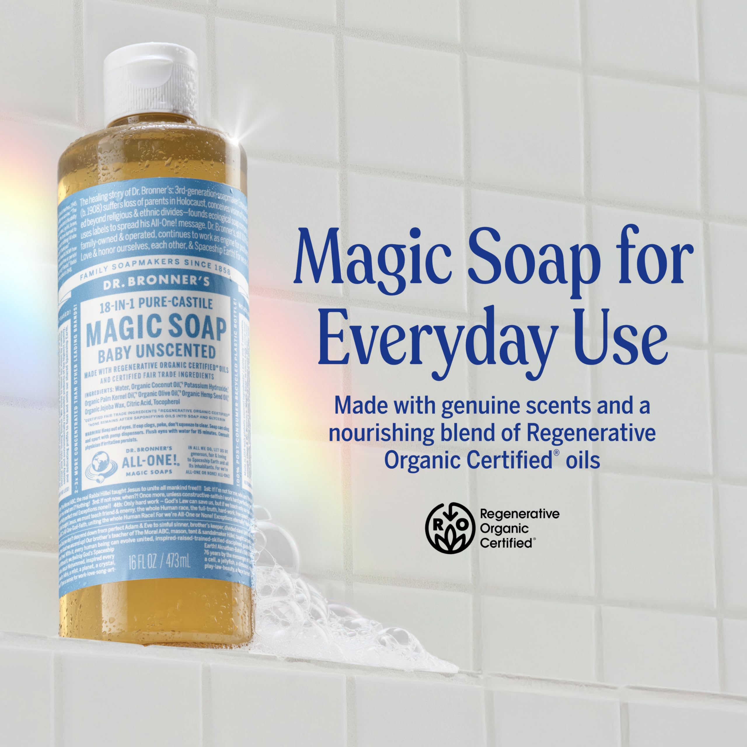 Dr. Bronner's Pure-Castile Magic Soap Liquid (Baby Unscented, 16oz) – Made with Regenerative Organic Certified Oils- For Sensitive Skin, Babies, Face, Hair, Laundry, Dishes, Hand Soap & Body Wash