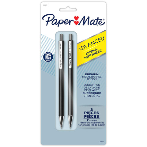 Paper Mate Advanced Mechanical Pencils, Premium Metal Barrels, Black and Gun Metal Gray, 0.5 mm #2 Pencils, 2 Count